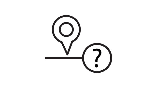 Unknown destination navigation icon with map pin and question mark on clean white background.
