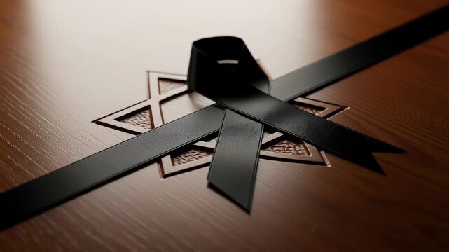 Black mourning ribbon on a wooden star of david