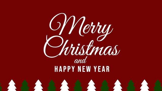 Minimalist Merry Christmas and Happy New Year Motion Graphic. Joyful christmas greeting animation on a red background. Pine Tree Christmas Decoration.