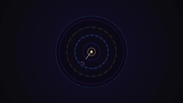 Futuristic digital interface featuring concentric glowing blue and gold rings with subtle rotating elements on a dark technological background.