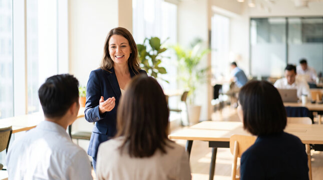 Businesswoman leading meeting in bright modern office with attentive colleagues and positive professional energy