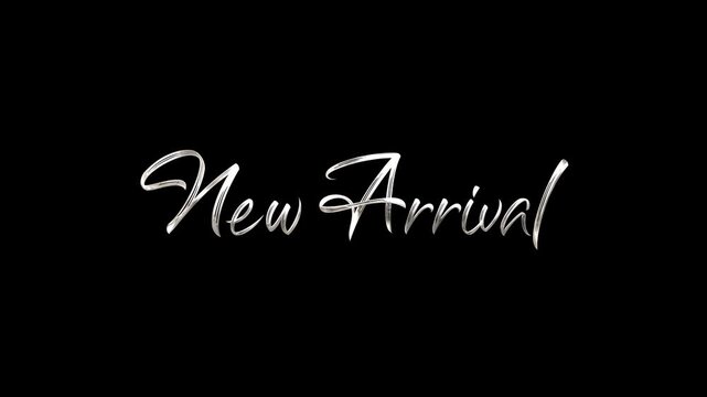 Elegant silver cursive New Arrival text animation on black background