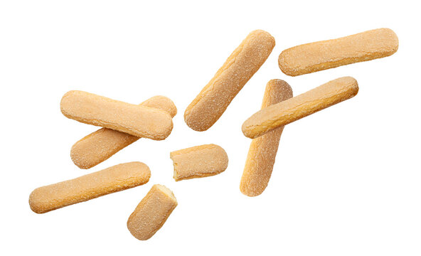 Savoiardi cookies flying on a white background. Isolated