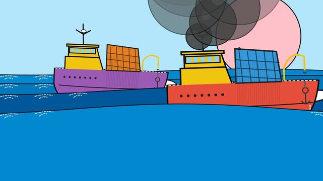 2D animation of a maritime disaster showing a burning cargo ship oil spill rescue operation by speedboats and a fireboat spraying water to extinguish the flames