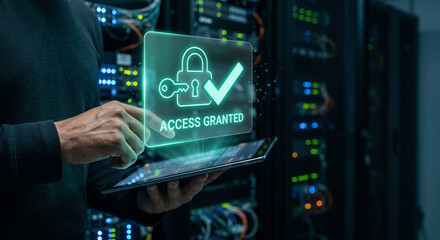 Fototapeta premium IT administrator hand holding tablet with holographic firewall access control configuration interface, digital network permissions concept in server room