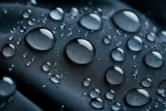 Water drops beading on a dark gray hydrophobic fabric surface
