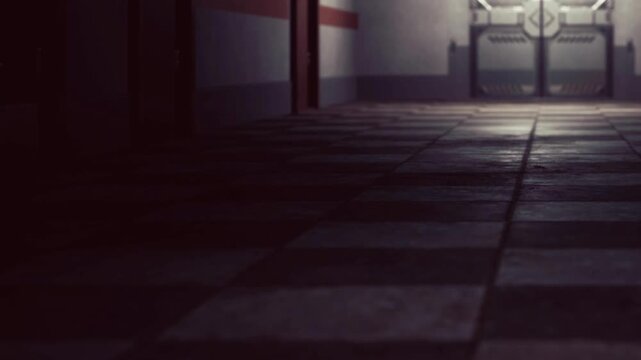 A hallway is shown with a checkered tiled floor. Low light creates shadows along the walls. There are doors on the sides leading to different rooms.