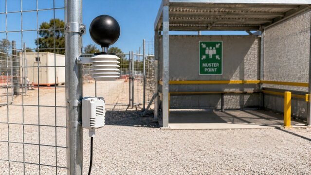 Environmental Monitoring Sensors Mounted on Fence Near an Industrial Muster Point