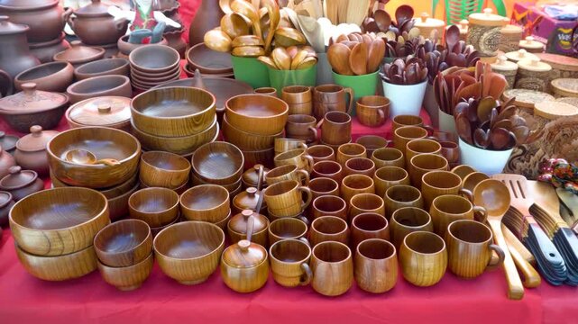 Wooden and clay kitchenware, traditional household items