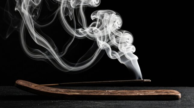 Scented incense stick burning on decorative wooden holder with thick white smoke swirls on black background