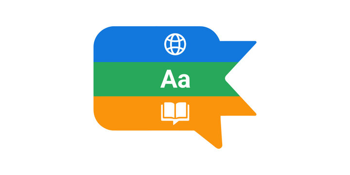 Multicolor speech bubble with language symbols for translation services icon.