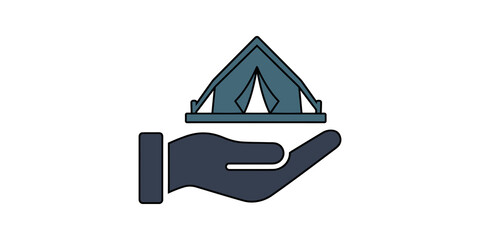 Camping tent in human hand icon illustrates travel support service. ©  图像