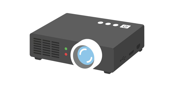 Dark grey projector icon with blue lens and ports flat office equipment.