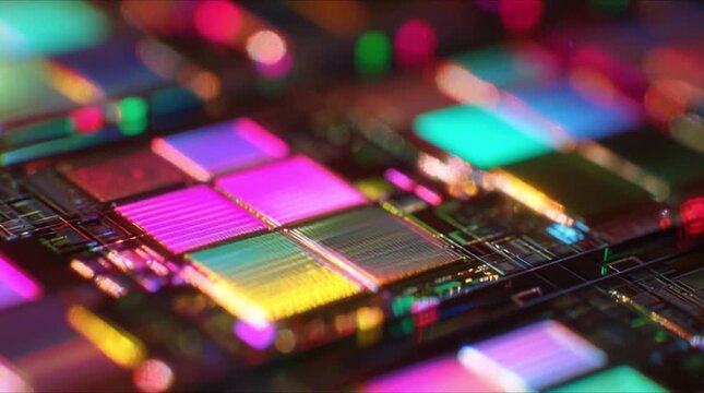 Extreme close up of silicon microchip wafer with vivid colorful reflections and light flare during precision semiconductor manufacturing process (AI Generated)
