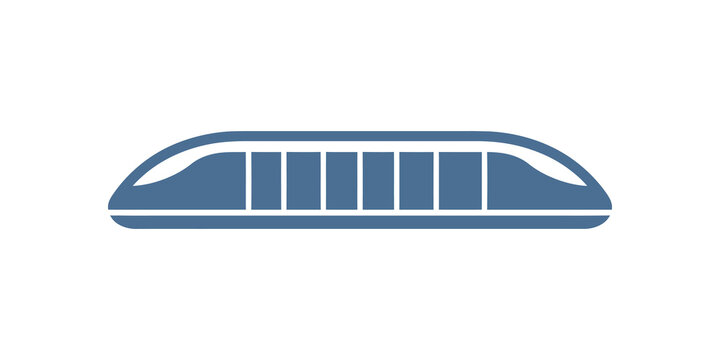 Modern train transportation icon blue stylized vehicle flat web graphic.