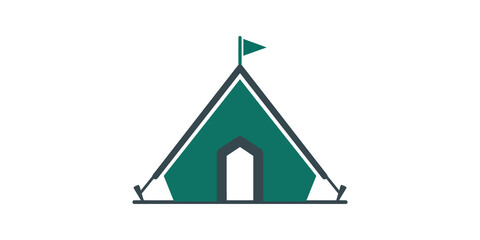 Camping tent green icon with flag for outdoor adventure travel concept. ©  图像