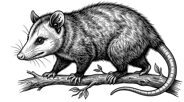 Vintage engraving illustration of an opossum walking on a tree branch