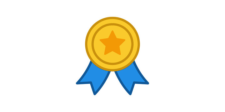 Gold award medal with blue ribbons for achievement and success recognition.