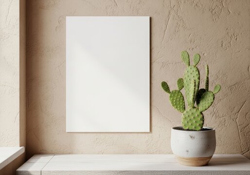 Blank white poster frame on textured beige wall next to green cactus in ceramic pot. Interior mockup for artwork display or branding design. Minimalist home decor and room decoration.