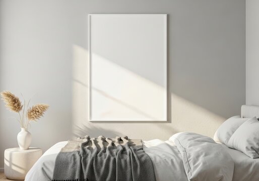 Blank vertical picture frame on white wall in cozy bedroom. Mockup poster for home decor interior design. Modern minimalist room with bed and dry plants in vase. Scandinavian style.