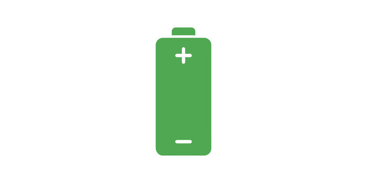 Green battery icon with plus and minus sign for energy power supply unit.