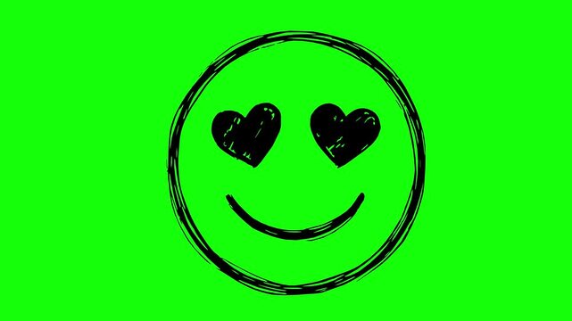 hand drawn black fill heart eyes emoji smile animation with green screen chroma key background. Dynamic line boil effect, rough edges, and stop motion look
