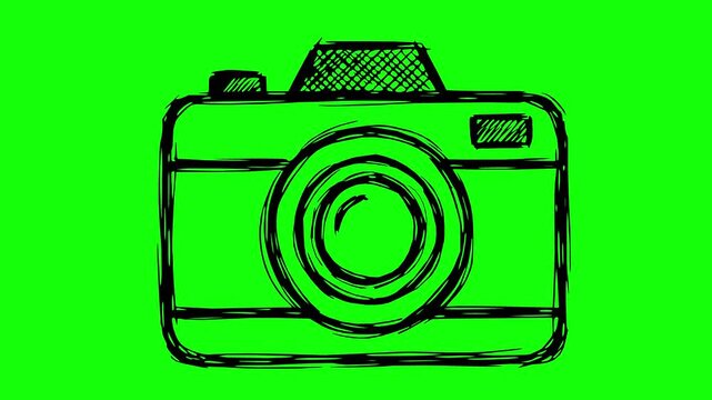 hand drawn camera animation featuring a rough edges line boil effect, solid black fill with no white, set against a green screen chroma key background for easy compositing