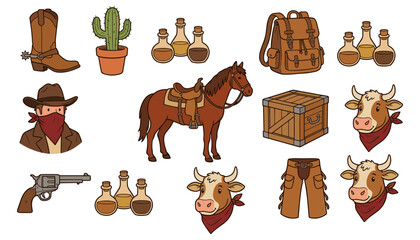 Fototapeta premium Wild West cowboy vector element set featuring horse saddle bandit character cattle cow heads boots gun and desert gear