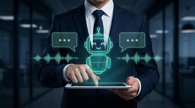 Businessman using AI chatbot assistant on digital tablet for customer support