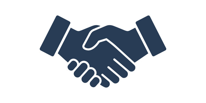 Dark blue handshake icon for business partnership and corporate agreement.