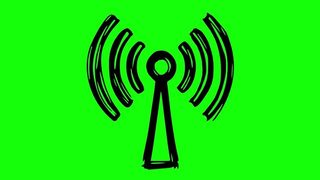 hand drawn black fill radio antenna signal transmission animation with line boil effect on green screen chroma key background. Perfect for tech and broadcast video projects