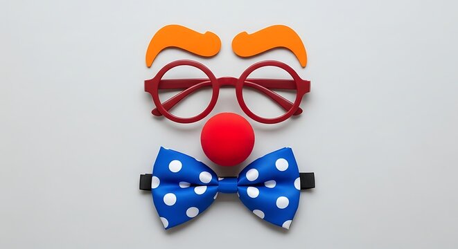 Clown face elements with red nose and blue polka dot bowtie