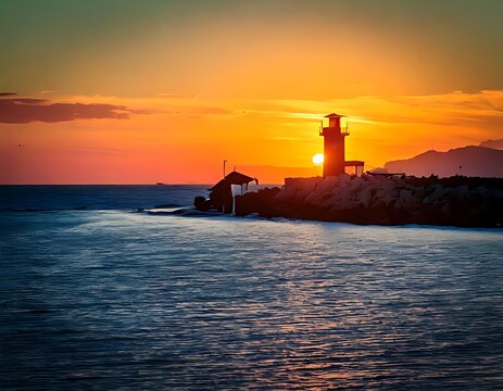 Stunning coastal sunset with a lighthouse silhouette over the ocean.