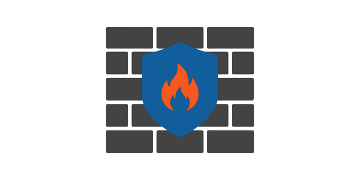 Blue firewall shield icon with orange flame for network security systems.