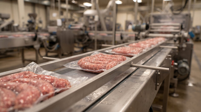 Professional perspective of raw sausage packages traveling on automated processing belt in large scale industrial butchery facility showing modern meat manufacture steps.