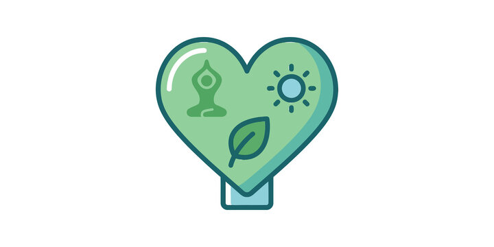 Green heart shape with yoga sun and leaf icons for healthy wellbeing.