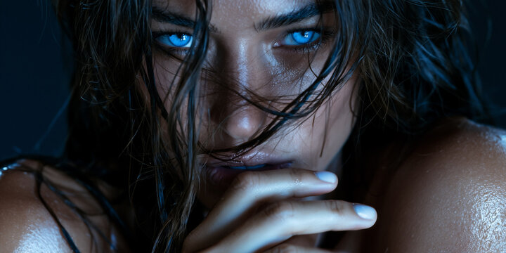 portrait of beautiful woman with blue eyes, elegant female face with striking blue eyes, closeup portrait of attractive woman with blue eyes