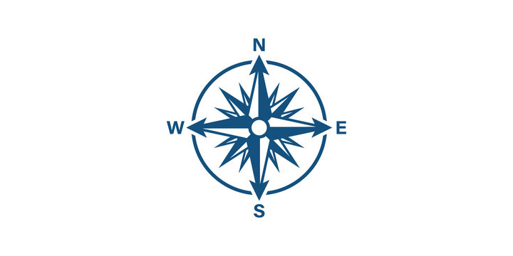 Compass rose icon with blue artistic star design for navigation maps use.