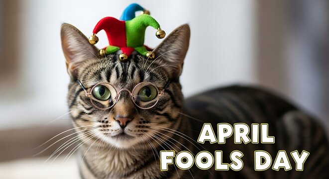 Cute tabby cat wearing quirky glasses and a colorful jester hat