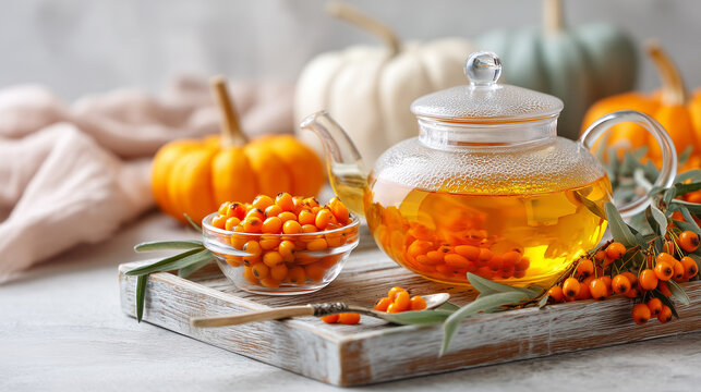 Sea buckthorn herbal tea with fresh berries, pumpkins and leaves arranged on a rustic tray, creating a cozy autumn wellness concept for seasonal drinks and natural health.