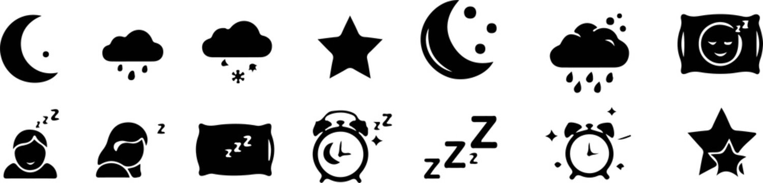 Sleep and night time icons set with moon stars clouds and alarm clock, sleeping