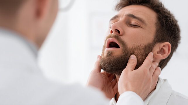 Male patient undergoing a throat examination by a medical professional, illustrating healthcare, diagnosis, sore throat, respiratory symptoms, medical consultation and clinical examination.