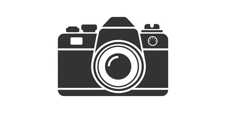 Professional dslr camera icon with dark grey lens and optical tech focus.