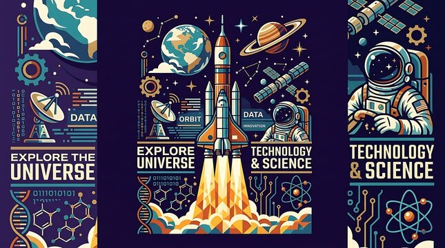 Space rocket launching with astronaut and scientific research icons