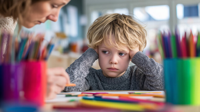 Young boy sitting at a classroom desk with hands over his ears while an adult helps him, illustrating childhood stress, sensory overload, learning difficulties and emotional support.