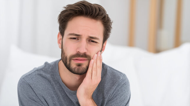 Young man touching his cheek with a painful expression, illustrating toothache, dental pain, oral health problems, emergency dental care and healthcare awareness.