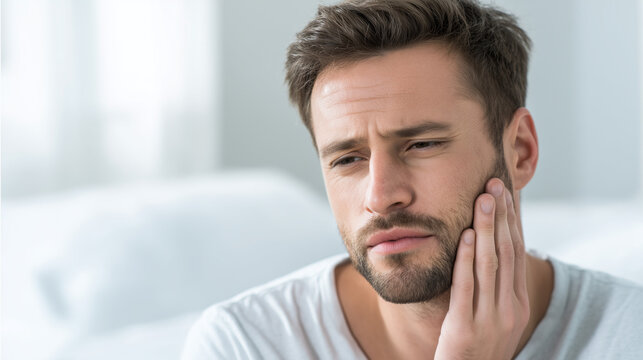Close-up portrait of a man holding his jaw with a concerned expression, representing toothache, dental discomfort, oral health issues and the need for professional dental treatment.
