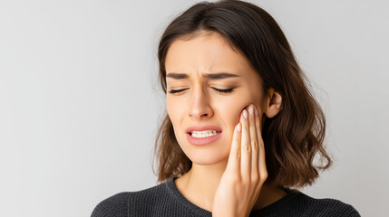Woman suffering from severe toothache and touching her cheek, illustrating dental pain, tooth sensitivity, oral health problems, dental care and the need for professional treatment.