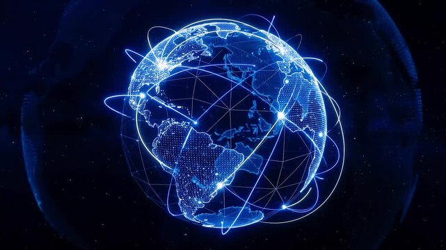 Digital globe with global network connections and data communication lines on a dark blue background