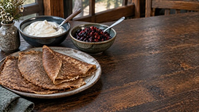 Folded Buckwheat Crepes With Yogurt And Berry Jam On A Rustic Wooden Table